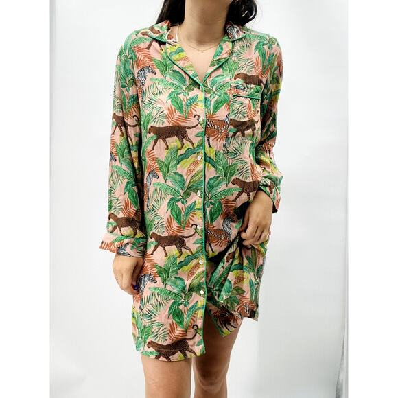 World Market S/M green Jungle Print Viscose Long Sleeve Night Shirt - Picture 4 of 8